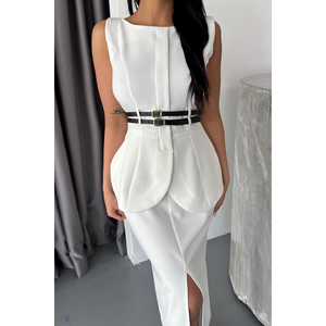 Veste blanche pour femme - Robe style jupe avec détail de double ceinture - Product Image 6
