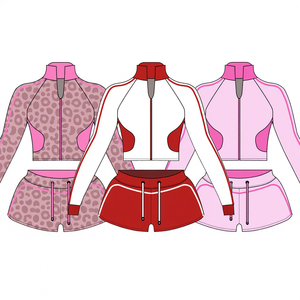 Completo Sportivo da Donna in Due Pezzi, Giacca e Pantaloncini Personalizzati con Patchwork, Vestibilità Aderente in Spandex/Nylon, Asciugatura Rapida e Traspirante, Primaverile - Product Image 1