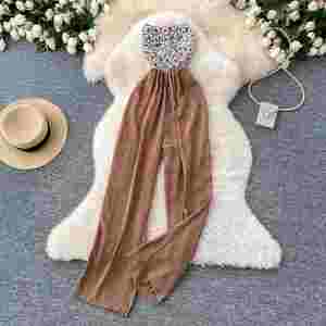 Mono largo casual de primavera sin tirantes, sin mangas, de cintura alta, transpirable, con encaje floral y patchwork para mujer al por mayor - Product Image 2