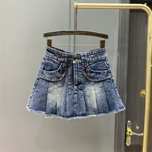 <span class=keywords><strong>Jupe</strong></span> plissée en jean pour fille, taille élastique, style vintage, coupe trapèze, ourlet brut, courte, pour le printemps et l'été - Product Image 1