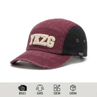 Casquette de campinguriste personnalisée à 5 panneaux en coton lavé avec œillets métalliques, visière effilochée vieillie, broderie 3D en relief, certifiée GRS, durable, OEM ODM
