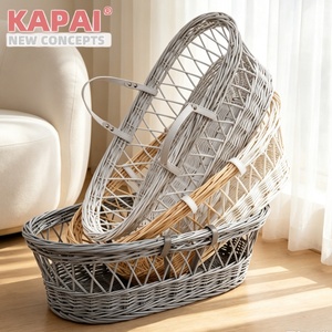 2026 KAPAI <strong>Grey</strong> Painted Wicker Baby <strong>Moses</strong> <strong>Basket</strong> With PU Handle Lightweight Travel Newborn Baby Carry Cot Cradle - Product Image 5