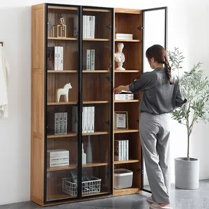 D6172 Massiv OAK Holz Wohnzimmer Home Office Bücherregal Möbel im nordischen Stil mit Glastüren Bücherregal Holz Bücherregal