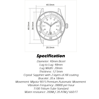 Montres personnalisées de 40 mm, montres mécaniques pour hommes avec index et aiguilles au tritium (GTLS), mouvement Miyota 9015