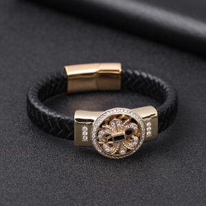 Handcrafted Genuine <b>Leather</b> <b>Bracelet</b> With PVD Gold Stainless Steel Magnetic Clasp & Rotatable Cubic Zirconia Fleur De Lis Charm - Product Image 5