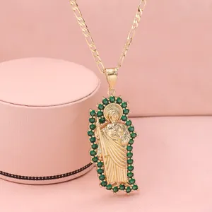 종교 녹색 다이아몬드 포장 세인트 주드 펜던트 14K 골드 도금 목걸이 보석 여성 남성 도매