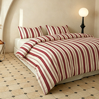Parure de lit rayée rouge et blanche en coton lavé, douce et respirante, avec taies d'oreiller pour la décoration de chambre