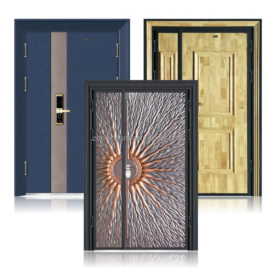 6 Panel 6 Lite prima putih grain permukaan smart lock entry eksterior pintu baja dengan kayu pinus pintu pintu