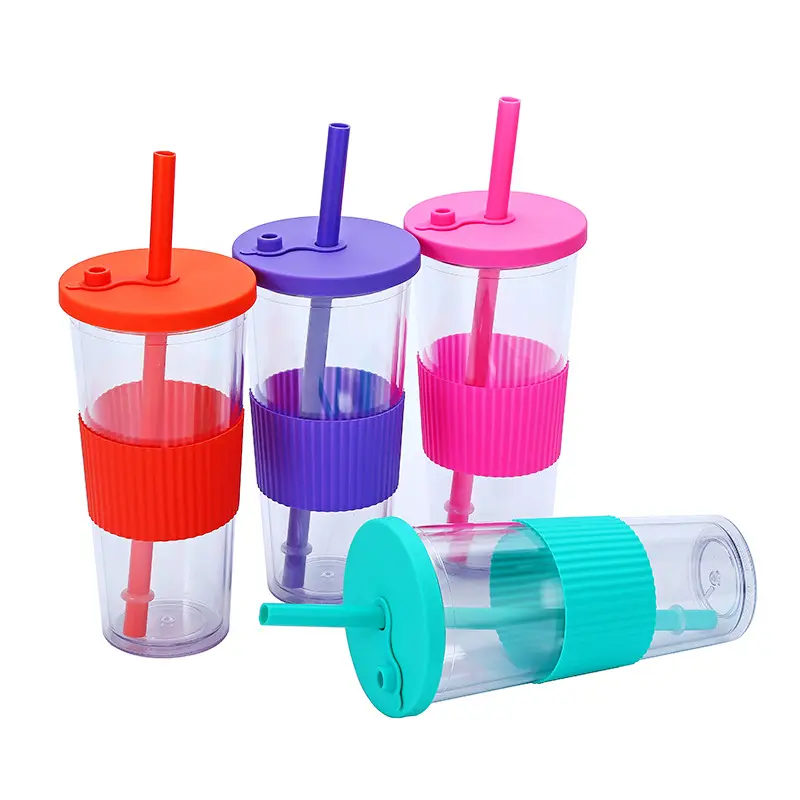 Tasses acryliques réutilisables transparentes 24oz tasses à thé au lait perlé en plastique à double paroi avec pailles en plastique