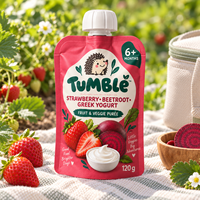 Pochette à bec verseur personnalisée imprimée, refermable et réutilisable pour aliments pour bébés, 120g, purée de fraise, betterave et yaourt grec