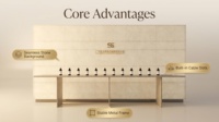 Comptoir de présentation de parfums avec fond en marbre crème et grille, table console à pieds en métal doré, aménagement de boutique de cosmétiques, personnalisation OEM