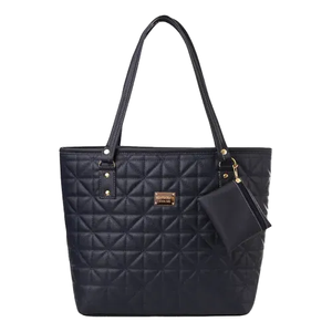 Sac fourre-tout en cuir véritable pour femme Fana Jade, bleu marine matelassé, fermeture ouverte, doublure en polyester, grande capacité, usage quotidien estival - Product Image 1