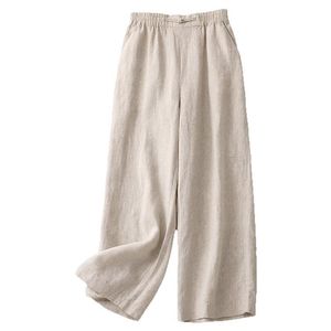 Cotton Linen Wide Leg Pants Women Elastic Waist Loose Fit Breathable Casual Pants Earth Golden Color - Product Image 5