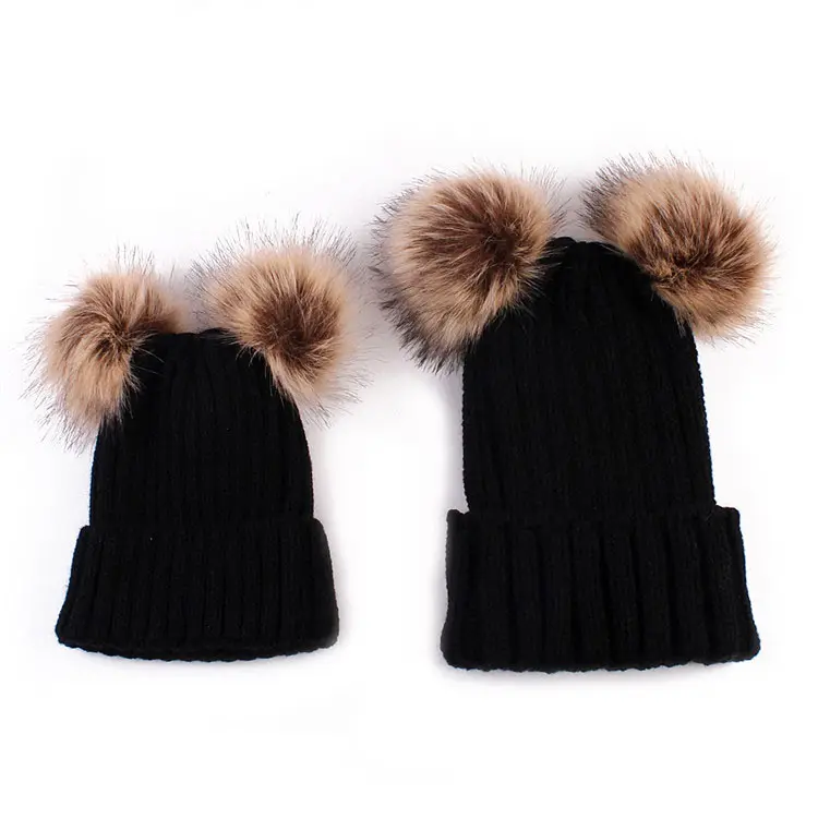 2 pcs set fur pom pom baby beanie hat organic knitted mommy and me beanies for babies
