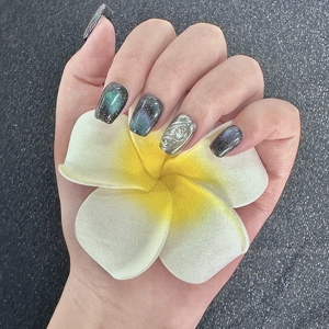 Precio de Fábrica <span class=keywords><strong>Uñas</strong></span> Postizas <span class=keywords><strong>Cortas</strong></span> Tipo Ataúd con Decoración de Brillo Aurora Negra Reutilizables <span class=keywords><strong>para</strong></span> Uso Diario de Niñas Diseño Personalizado Venta al por Mayor - Product Image 2