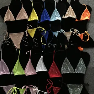 S573 Bikini Baju Renang Wanita, Set Pakaian Renang Bikini Berlian Imitasi Berkilau Berkilau