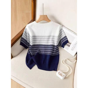 Top de Punto a Rayas Degradado para Mujer, Manga Corta, Cuello Redondo, Suave, Spandex/Algodón, Moda de Verano, Jersey Fino Formal, Gris Azul Verde - Product Image 2