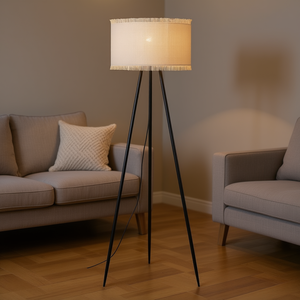 Lámpara de pie de metal Brilliant Raffy E27 con pantalla cilíndrica negra, iluminación interior minimalista beige, tamaño grande - Product Image 2