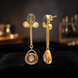 Nouvelle Arrivée Boucles d'Oreilles Tendance en Argent Sterling 925 Plaqué Or avec Pierres Précieuses Citron Fumé et Labradorite, Formes Poire et Ovale - Product Image 3