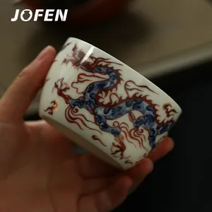 JOFEN 2024 New Mutton fat jade Blue and White Hand Drawing Kung Fu Tea Cup With Red Dragon