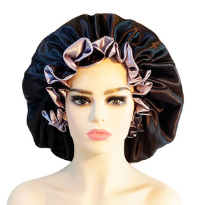 Bonnets de nuit en satin double épaisseur avec logo personnalisé, bonnets de sommeil en soie satinée pour femmes, bonnets de créateur, bonnets en satin assortis mère et fille - Product Image 3