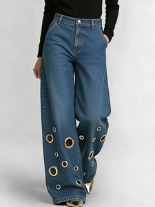 Nouveaux pantalons amples taille haute pour femmes européennes et américaines, jeans à design ajouré pour femmes, vente en gros - Product Image 4