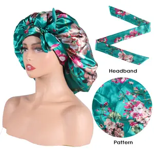 Phụ Nữ Chuỗi Sọc Thiết Kế In Đôi Căng Rộng Satin Bonnet Hoa Headband Tóc Mũ Đặt Lớn Satin Bonnet