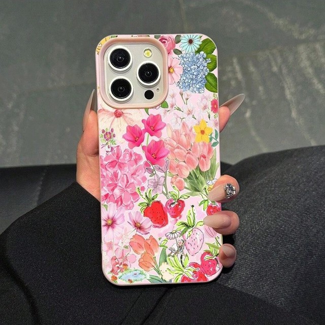 New Hand Drawn Watercolor Dreamy Garden Sweet Flower Basket Phone Case for iphone 17 16 15 14 Pro Max Faux Leather Texture Cover