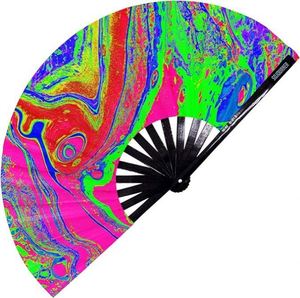 Wholesale <b>Large</b> Bamboo Folding Hand <b>Fan</b> Custom Printed Logo Durable Fabric Loud Clack Carved Portable for Festival Rave Use - Product Image 5