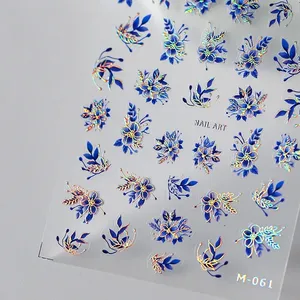 Acrylic Engraved Nail Sticker Holographi Blue Flowers Gold Line Self-Adhesive Nail Transfer Sliders Wraps Manicures Foils