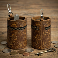 Porte-monnaie miniature cylindrique en cuir véritable embossé, en cuir de vachette durable, marron, avec porte-clés et pochette zippée, idéal pour les cadeaux