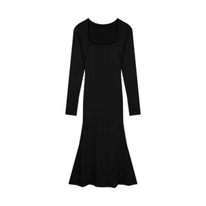 Women's Square Neck Long Sleeve Bodycon Dress Mid Length Fishtail Stretch Knitted Solid Color Black Dark Gray Brown - Product Image 5