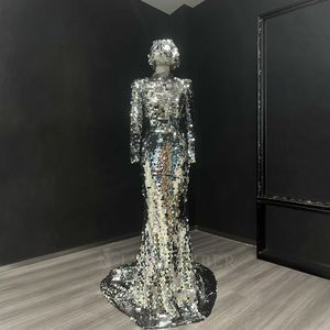 Nt42 <b>Silver</b> Sequin Mermaid Evening <b>Dress</b> Long Sleeve Luxury Design for Formal Events Jancember - Product Image 2