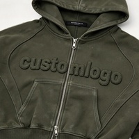 Vente en gros Sweat à capuche zippé personnalisé pour homme, automne, olive, tricoté, lettres en relief, coupe droite ample, épais, 100% coton, streetwear