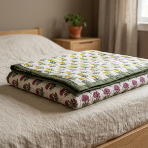 Ridhi Organic Handmade Marigold Print <b>Quilted</b> 100% Cotton Luxury Oversized Blanket Sage Lap <b>Bedding</b> Coverlet - Product Image 2