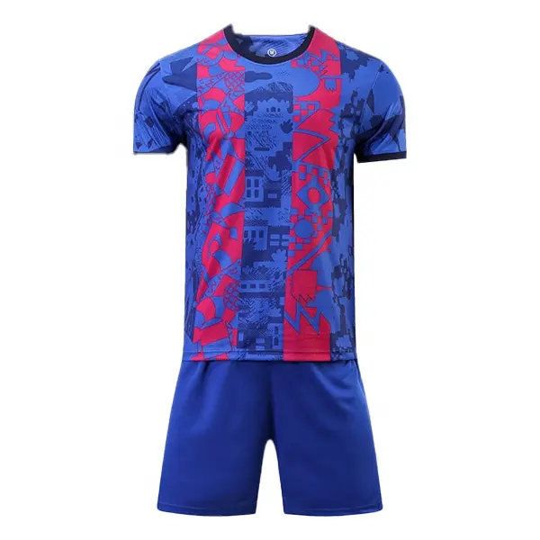 Pakaian olahraga pria motif merah dan biru, pakaian olahraga motif panas Transfer Anti serabut leher O elastis