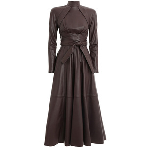 Boutique vendita calda stile dimagrante manica lunga <span class=keywords><strong>in</strong></span> <span class=keywords><strong>pelle</strong></span> Pu <span class=keywords><strong>abito</strong></span> con colletto alto abiti lunghi - Product Image 2