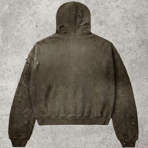 <span class=keywords><strong>Sweat</strong></span> à <span class=keywords><strong>capuche</strong></span> zippé surdimensionné en maille gaufrée épaisse délavée à l'acide avec logo en strass, style vintage et effet vieilli, pour le streetwear - Product Image 2