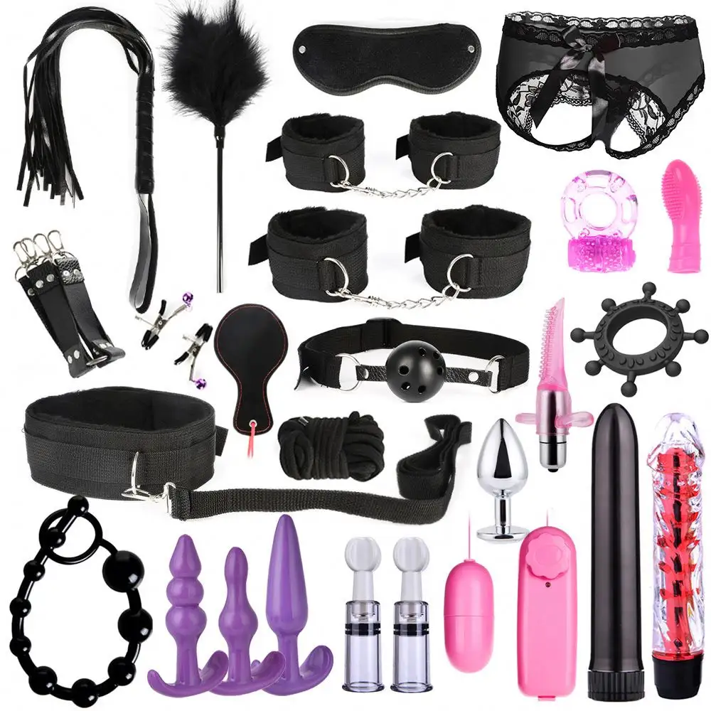 BDSM Bondage Bed Bondage Restricción Set Sexo Esposas Látigo Anal Beads Anal Plug Bullet Vibrator Juguetes sexuales para mujer Adulto Fetiche