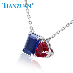 S925 plata esterlina azul real rectángulo corte esmeralda zafiro y sangre de Paloma rojo corazón forma rubí colgante collar - Product Image 2