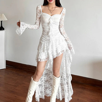 Robe longue évasée en dentelle à col carré, unie, coupe trapèze, style E-girl, ourlet irrégulier, Cyber Y2K, pour soirée