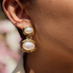 Pearl <b>Stud</b> <b>Earrings</b> 18K Gold Plated Geometric Design Bezel Setting Women's Everyday Wear - Product Image 3