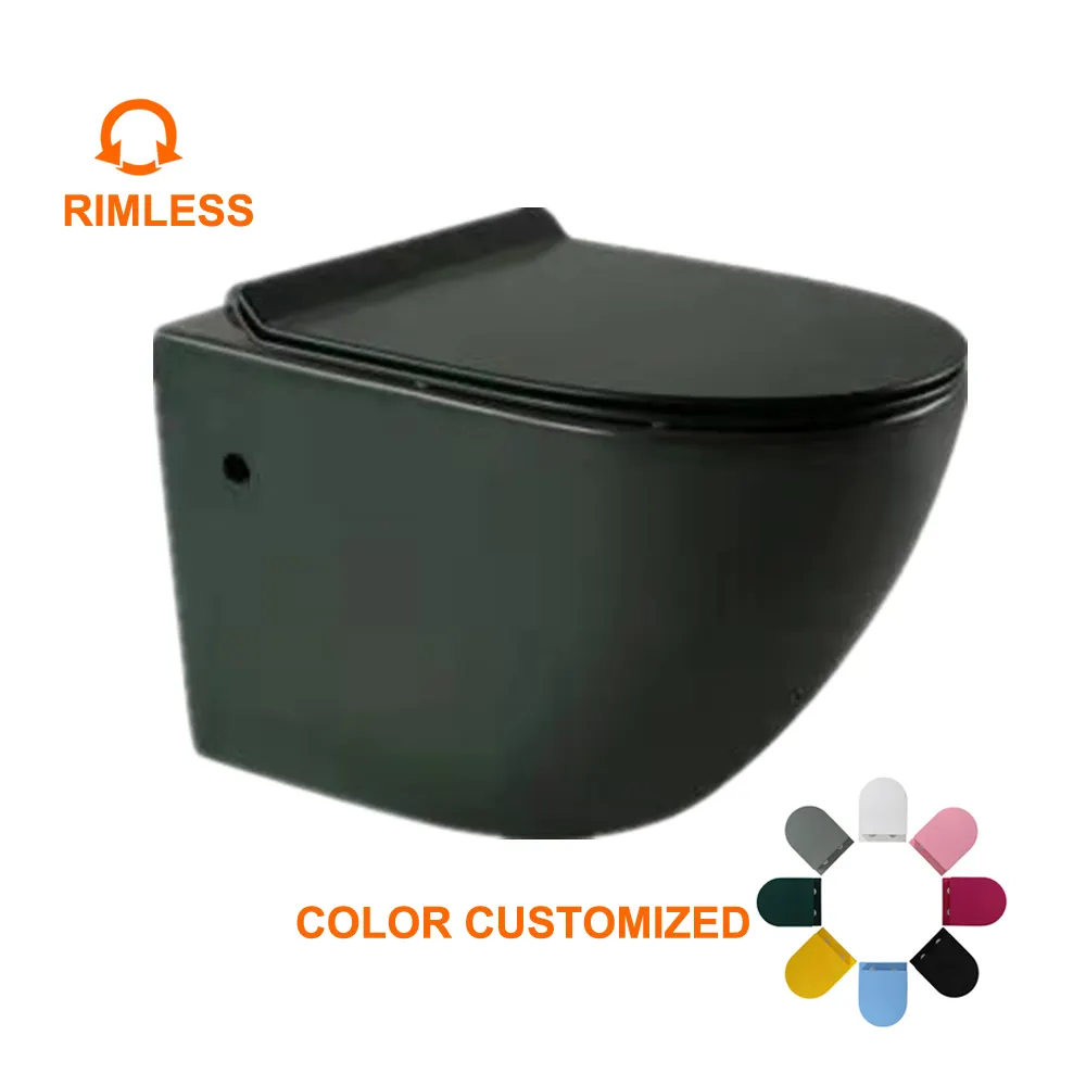 FOHOME-inodoro de cerámica sin marco, inodoro montado en la pared, commode p-trap, wc colgante, color negro mate