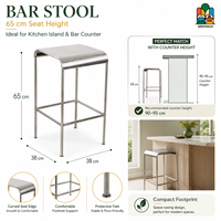 Tabouret de bar moderne en métal brossé rectangulaire avec 4 pieds tubulaires, repose-pieds carré et embouts de protection, 65 cm