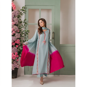 Salwar Kameez para Mujer, Azul Claro y Rosa, con Mangas Teñidas, Bordado Floral, Algodón, Corte Holgado, Largo hasta el Suelo, Estilo Tradicional, para Diwali - Product Image 1