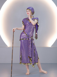 Abito da Danza del Ventre in Stile Egiziano con Paillettes e Strisce in Lamina d'Oro, in Seta/Cotone per Donne Adulte |   Costume di Carnevale Ispirato a Cleopatra - Product Image 2