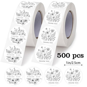 Autocollants PVC en rouleau « Black Line Art Wildflower Thank You », 500 pièces, 2,5 cm, haute qualité, finition mate, pour supermarché, épicerie, cartes cadeaux d'entreprise - Product Image 1