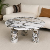 Table basse ronde en marbre moderne de haute qualité personnalisée avec trois pieds cylindriques, durable pour salon et villa