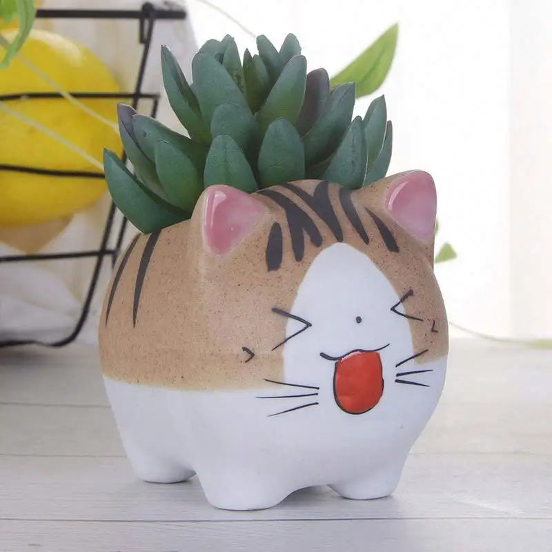 Simpatici vasi per fioriere animali Cartoon, vasi succulenti a forma di gatto in ceramica con vassoio di bambù/