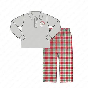 Big boy Christmas Santa Applique Outfit Toddler manica lunga Polo Plaid Pants set abbigliamento abbinato per bambini personalizzato